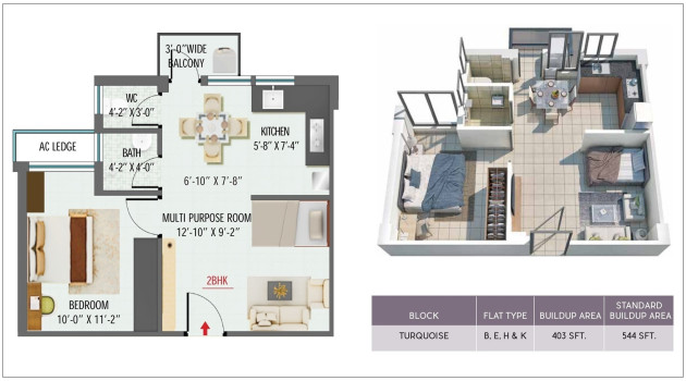 1 BHK - SBA 544 Sq.Ft.