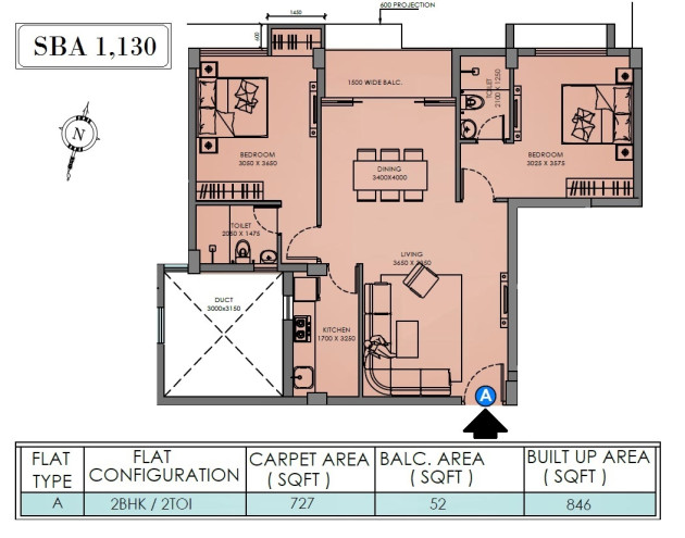 2 BHK - SBA 1130 Sq.Ft.