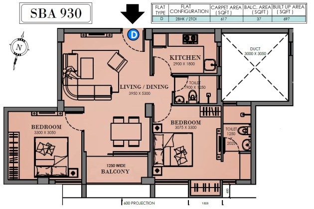 2 BHK - SBA 930 Sq.Ft.