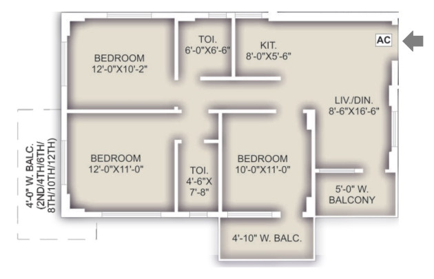 3 BHK - SBA 1213 Sq.Ft.
