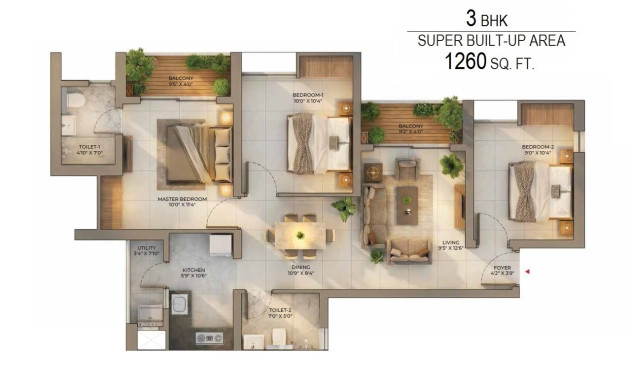 3 BHK - 1260 Sq-ft