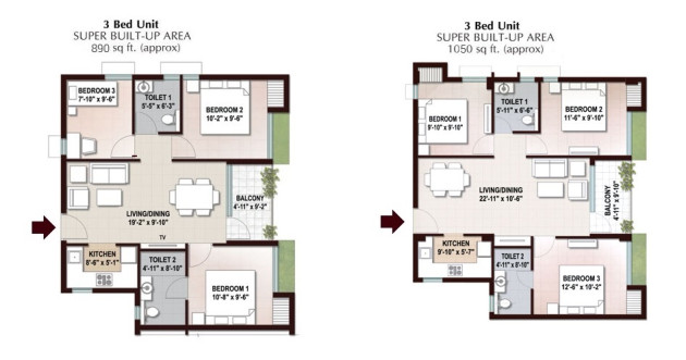 3 BHK (890 - 1050 Sq-ft)