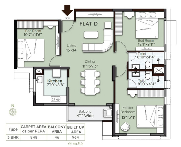3 BHK - BUA 964 Sq.Ft.