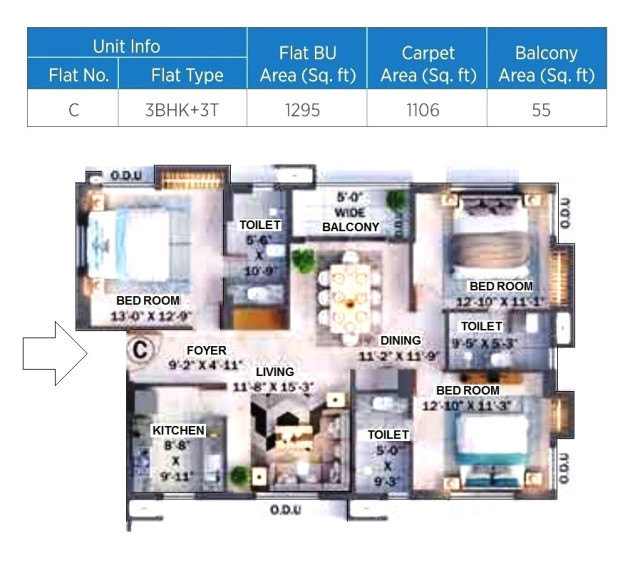 3 BHK - 1295 Sq-ft