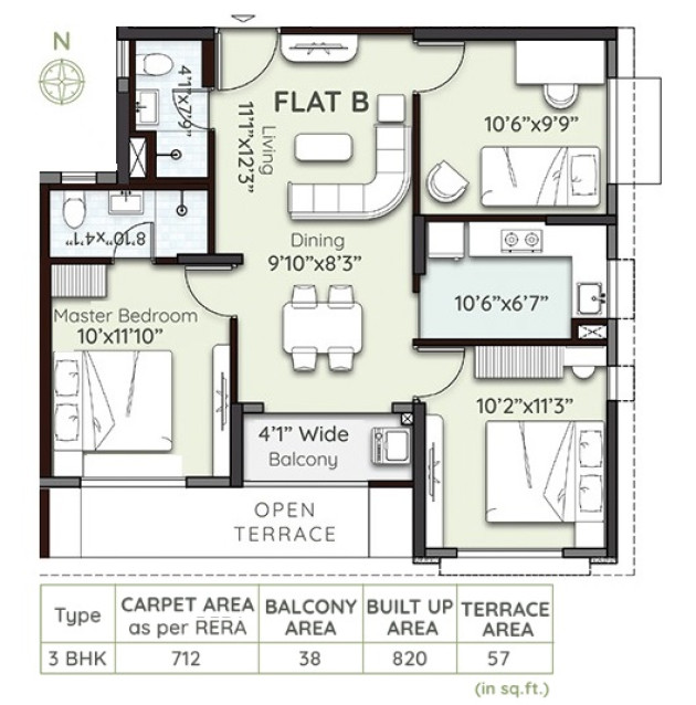 3 BHK - BUA 820 Sq.Ft.