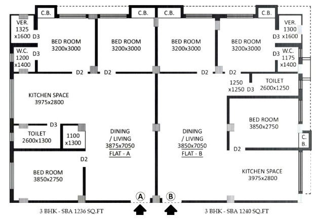 3 BHK (1236 - 1240 Sq-ft)
