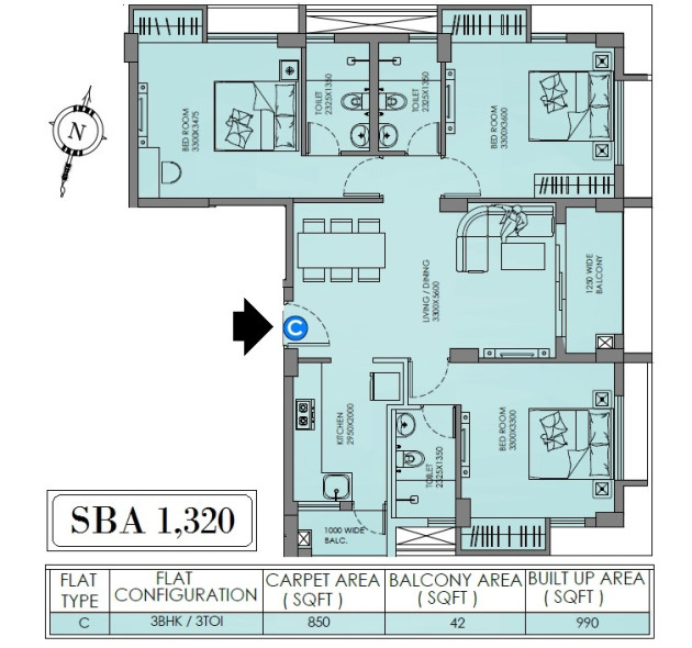 3 BHK - SBA 1320 Sq.Ft.