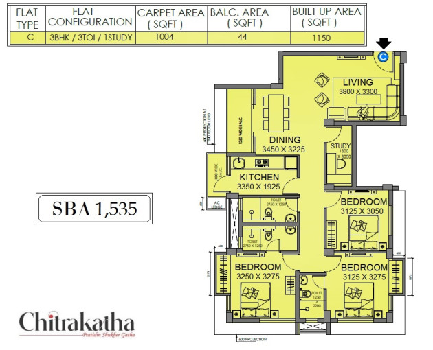 3 BHK with study - SBA 1535