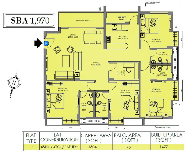 4 BHK with study - SBA 1970