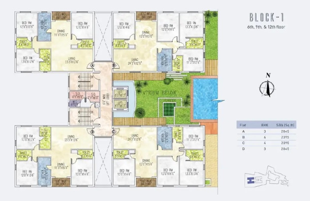 6th, 9th & 12th Floor Plan at Block 1