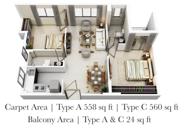 Tower 5 : Type A : Carpet Area 558 sq ft | Type C : Carpet Area 560 sq ft