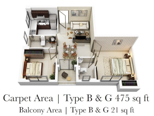 Tower 5 : Type B & G : Carpet Area 475 sq ft