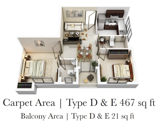 Tower 5 : Type D & E : Carpet Area 467 sq ft