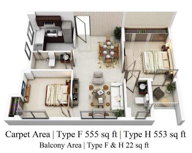 Tower 5 : Type F : Carpet Area 555 sq ft | Type H : Carpet Area 553 sq ft