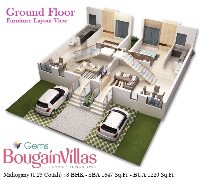 Mahogany 3 BHK Bungalow<br><small>Ground Floor Furniture Layout Plan</small>