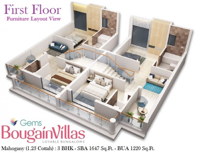 Mahogany 3 BHK Bungalow<br><small>First Floor Furniture Layout Plan</small>