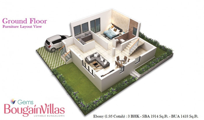 Ebony 3 BHK Bungalow<br><small>Ground Floor Furniture Layout Plan</small>