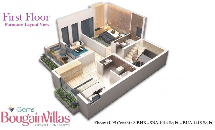 Ebony 3 BHK Bungalow<br><small>First Floor Furniture Layout Plan</small>
