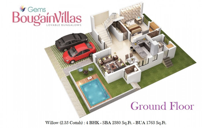 Willow 4 BHK Bungalow<br><small>Ground Floor Furniture Layout Plan</small>