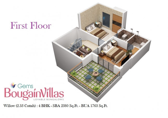 Willow 4 BHK Bungalow<br><small>First Floor Furniture Layout Plan</small>