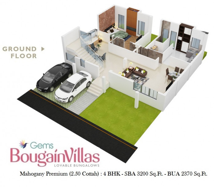 Mahogany Premium 4 BHK Bungalow<br><small>Ground Floor Furniture Layout Plan</small>