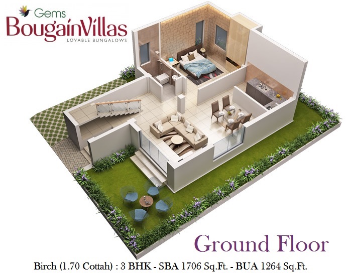 Birch 3 BHK Bungalow<br><small>Ground Floor Furniture Layout Plan</small>