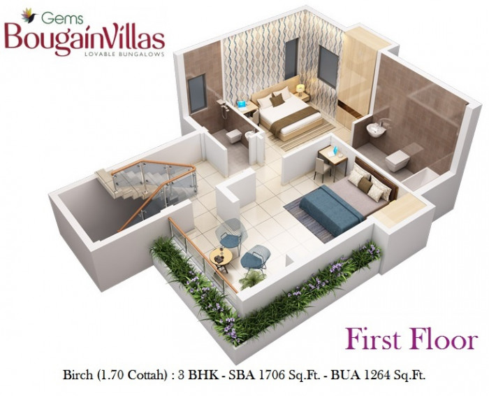 Birch 3 BHK Bungalow<br><small>First Floor Furniture Layout Plan</small>