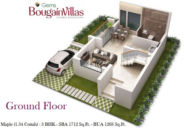 Maple 3 BHK Bungalow<br><small>Ground Floor Furniture Layout Plan</small>