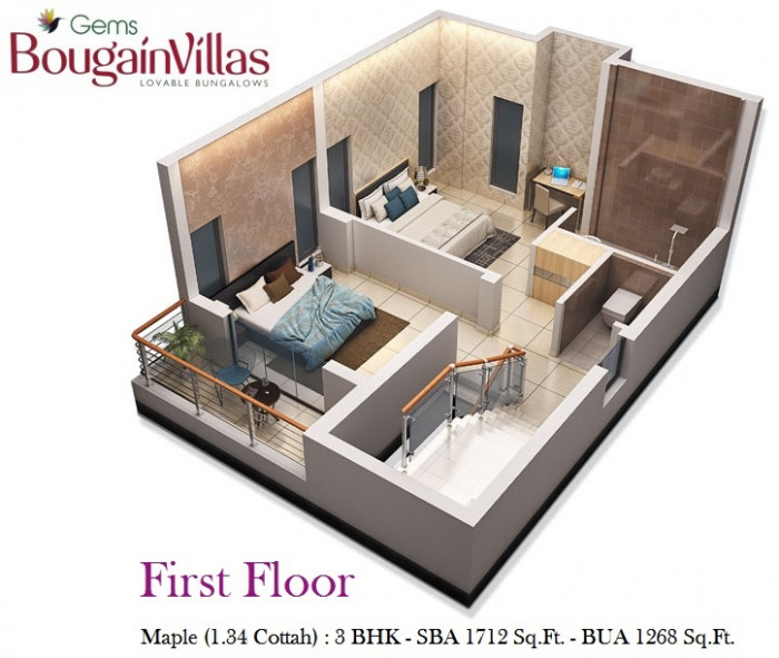 Maple 3 BHK Bungalow<br><small>First Floor Furniture Layout Plan</small>