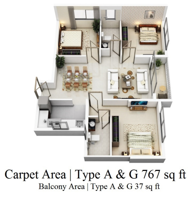 Tower 6 : Type A & G : Carpet Area 767 sq ft
