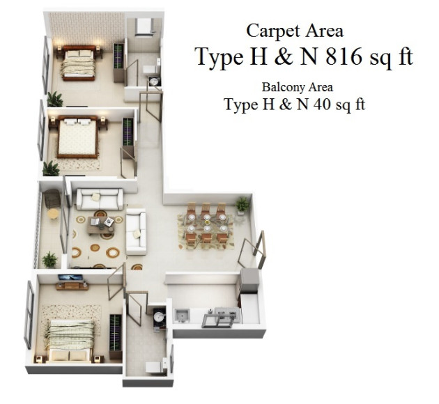 Tower 6 : Type H & N : Carpet Area 816 sq ft