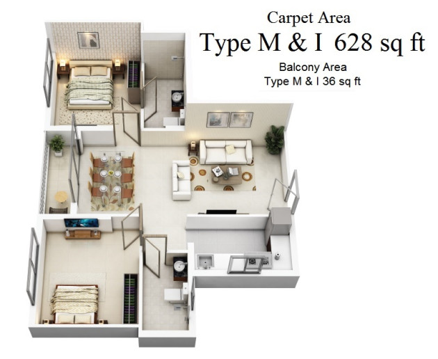 Tower 6 : Type M & I : Carpet Area 628 sq ft