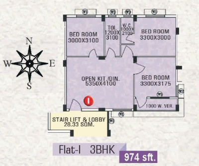 3 BHK (974 - 1088 Sq-ft)