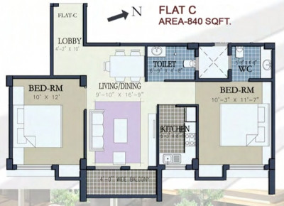 2 BHK - 840 Sq-ft